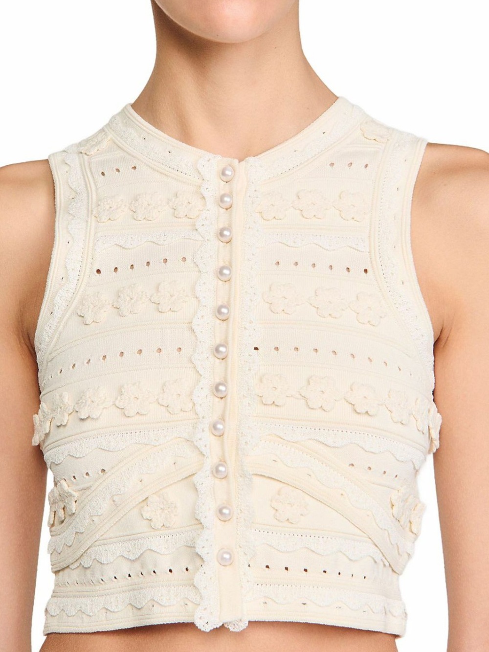 Sandro Sleeveless Cream Crochet Pearl-Button Crop Top - Picture 1 of 7